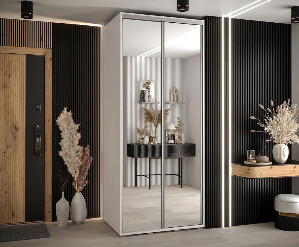 Šatní skříň DAVOS 2 posuvné zrcadlové dvěře, 120×235×45, Bílá / stříbrné pojezdy