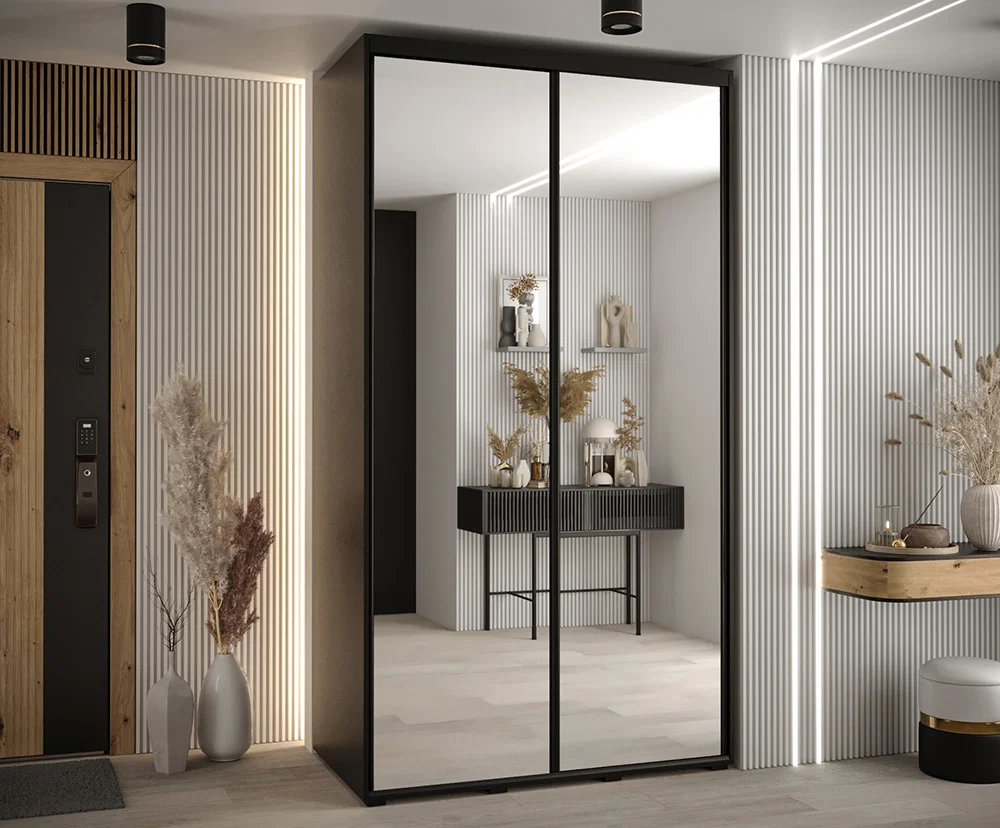 Šatní skříň DAVOS 2 posuvné zrcadlové dvěře, 130×235×45, Černá / černé pojezdy