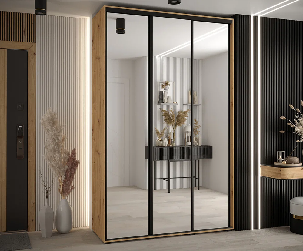 Šatní skříň DAVOS 2 posuvné zrcadlové dvěře, 150×235×45, DUB Artisan / černé pojezdy