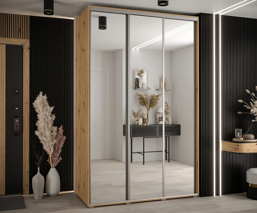 Šatní skříň DAVOS 2 posuvné zrcadlové dvěře, 160×235×45, DUB Artisan / stříbrné