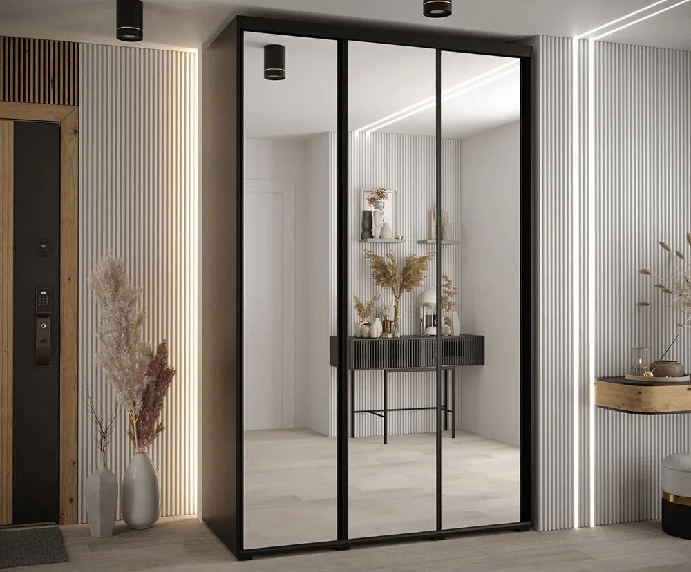 Šatní skříň DAVOS 2 posuvné zrcadlové dvěře, 160×235×45, Černá / černé pojezdy