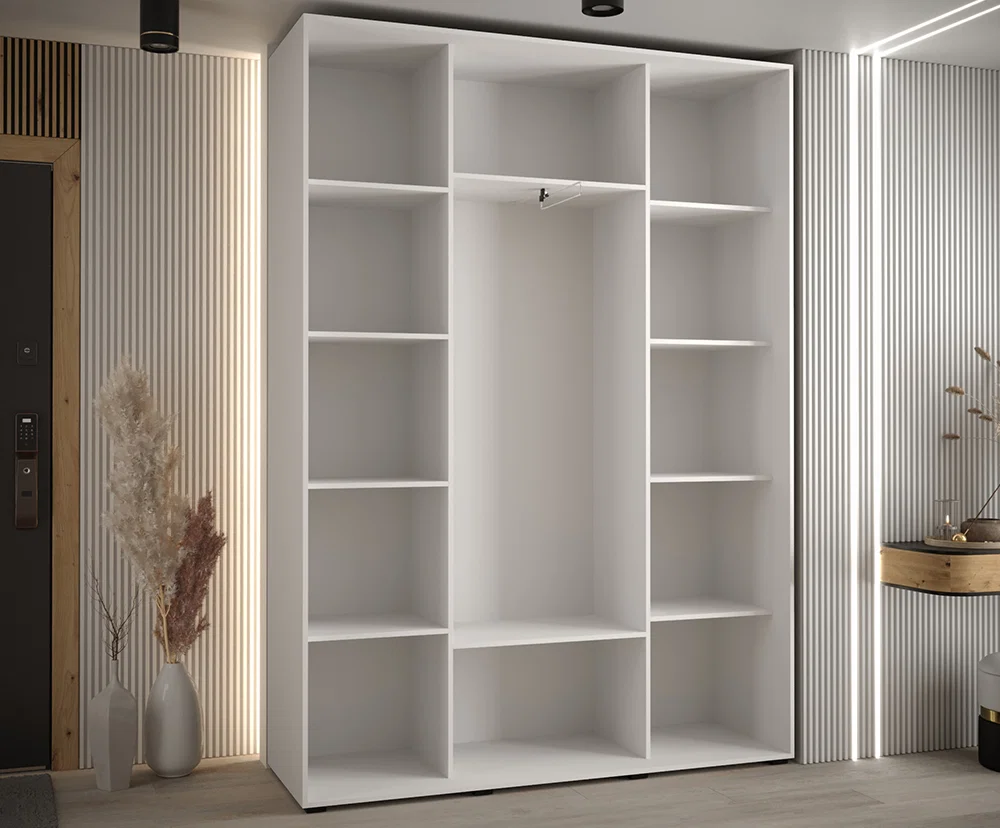Šatní skříň DAVOS 2 posuvné zrcadlové dvěře, 170×235×45, Bílá / stříbrné pojezdy
