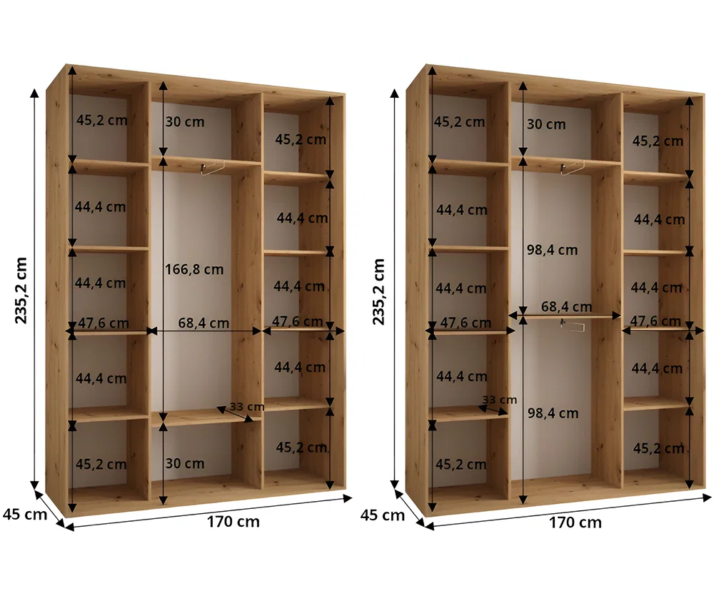 Šatní skříň DAVOS 2 posuvné zrcadlové dvěře, 170×235×45, Černá / stříbrné pojezdy