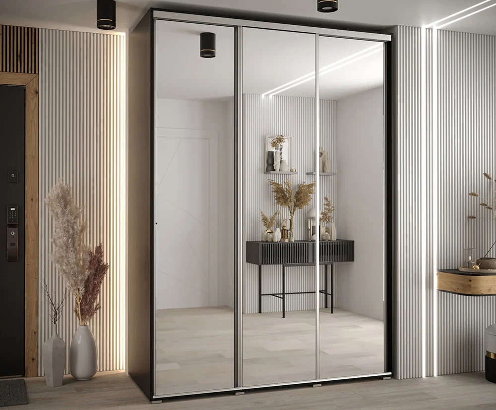 Šatní skříň DAVOS 2 posuvné zrcadlové dvěře, 180×235×45, Černá / stříbrné pojezdy