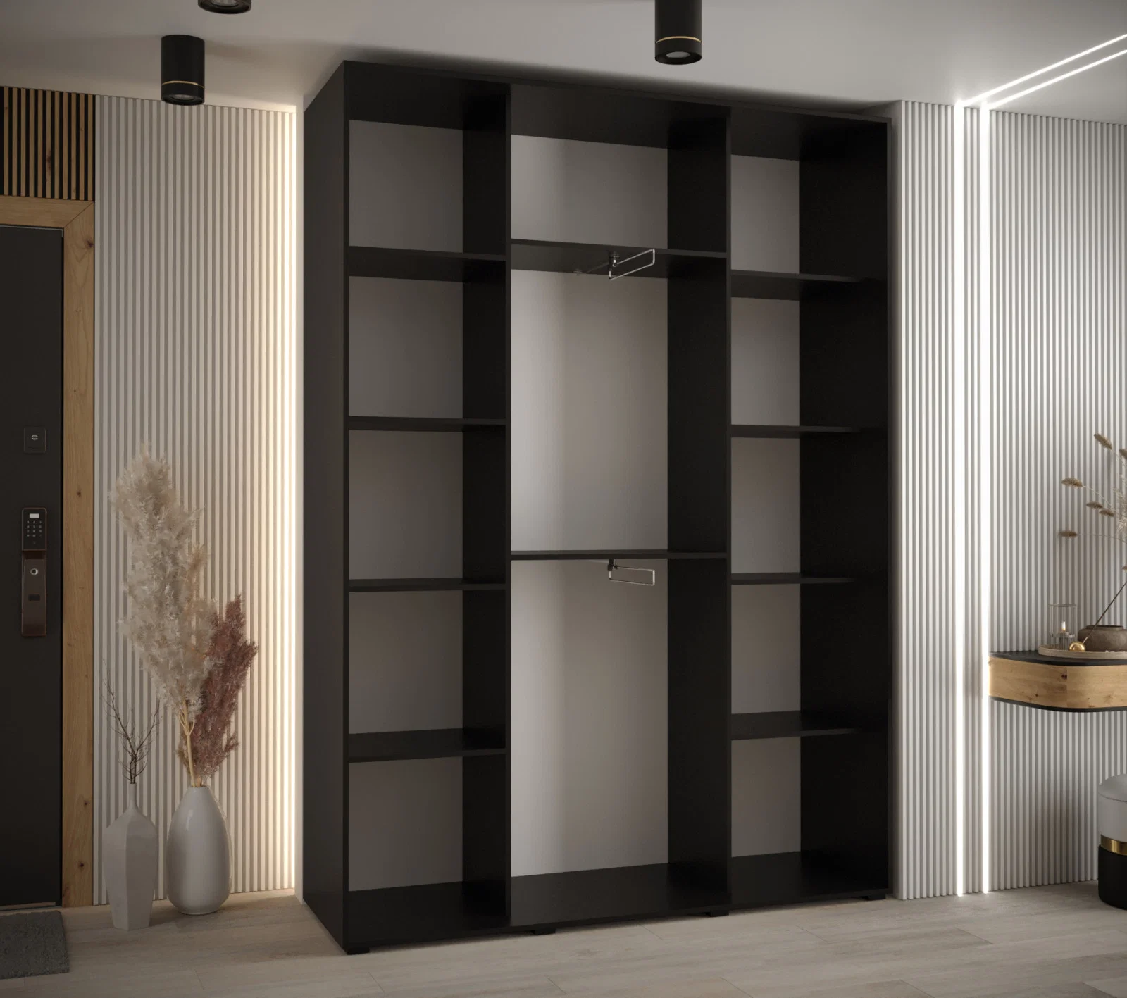 Šatní skříň DAVOS 2 posuvné zrcadlové dvěře, 180×235×45, Černá / stříbrné pojezdy