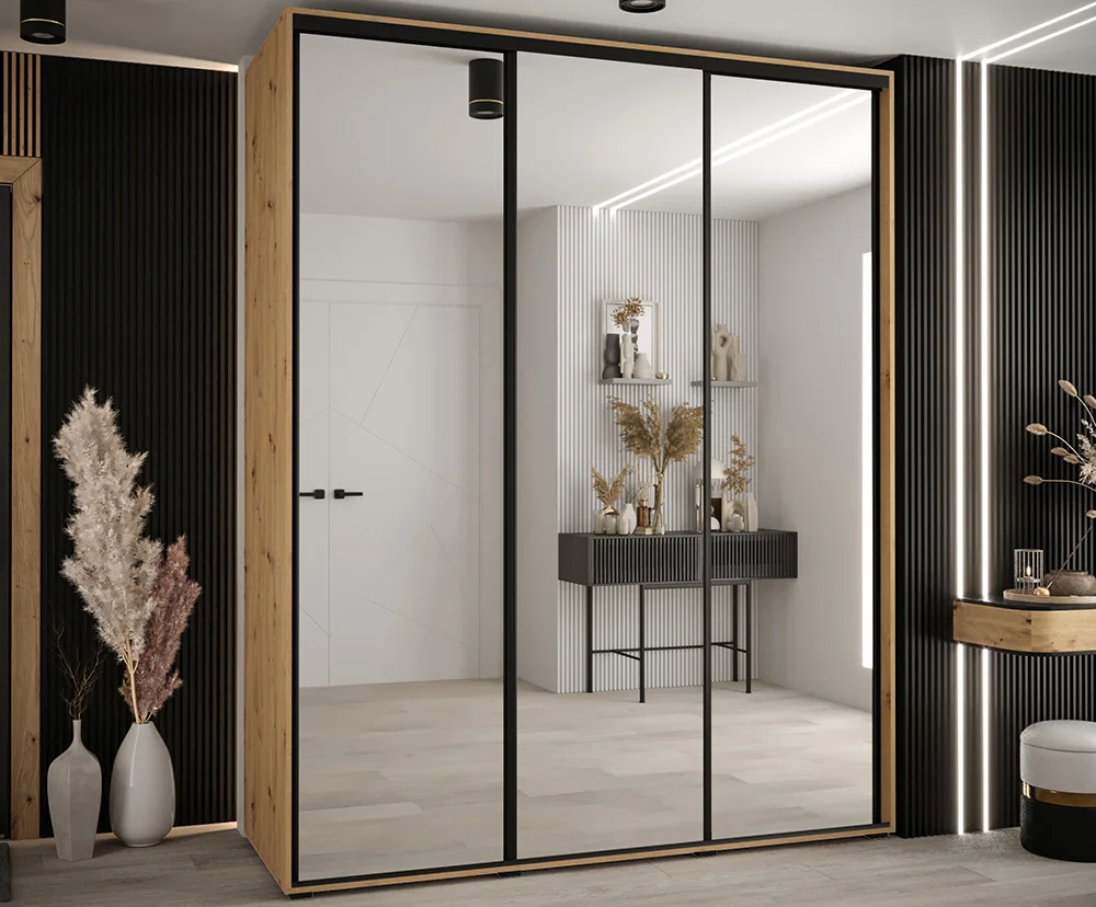 Šatní skříň DAVOS 2 posuvné zrcadlové dvěře, 200×235×45, DUB Artisan / černé pojezdy