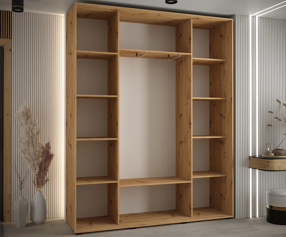 Šatní skříň DAVOS 2 posuvné zrcadlové dvěře, 200×235×45, DUB Artisan / černé pojezdy