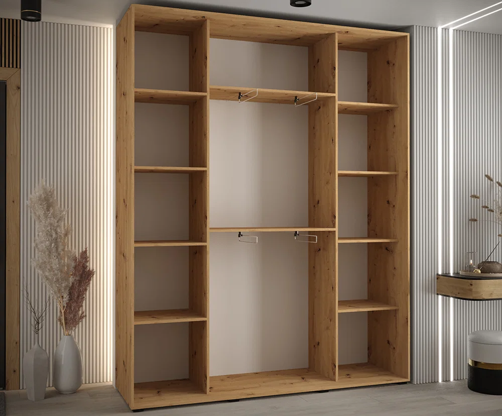 Šatní skříň DAVOS 2 posuvné zrcadlové dvěře, 200×235×45, DUB Artisan / černé pojezdy