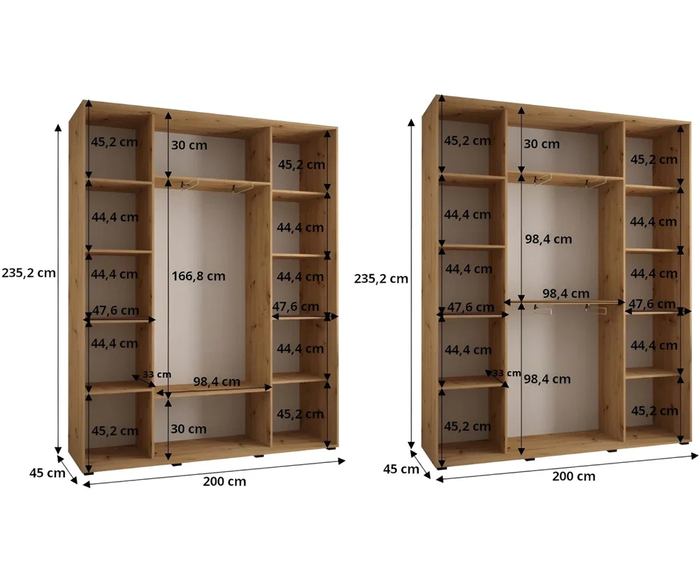 Šatní skříň DAVOS 2 posuvné zrcadlové dvěře, 200×235×45, DUB Artisan / černé pojezdy